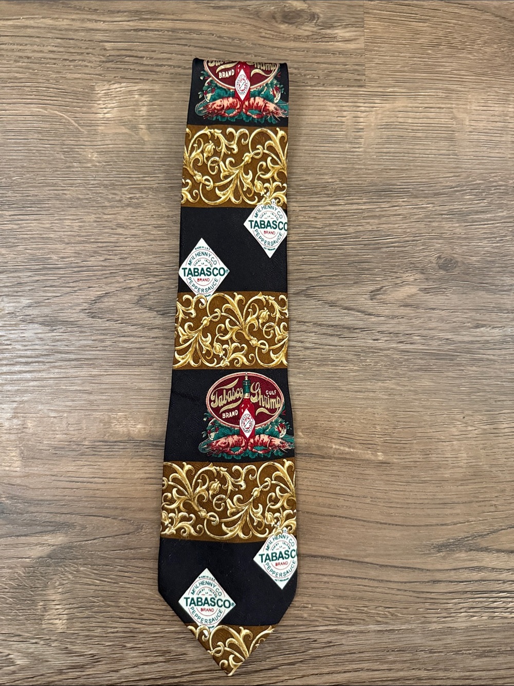 Tabasco and Shrimp Patterned Men's Necktie in Black and Gold